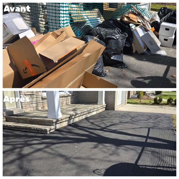 Before and after images of a clean driveway with removed trash and debris.