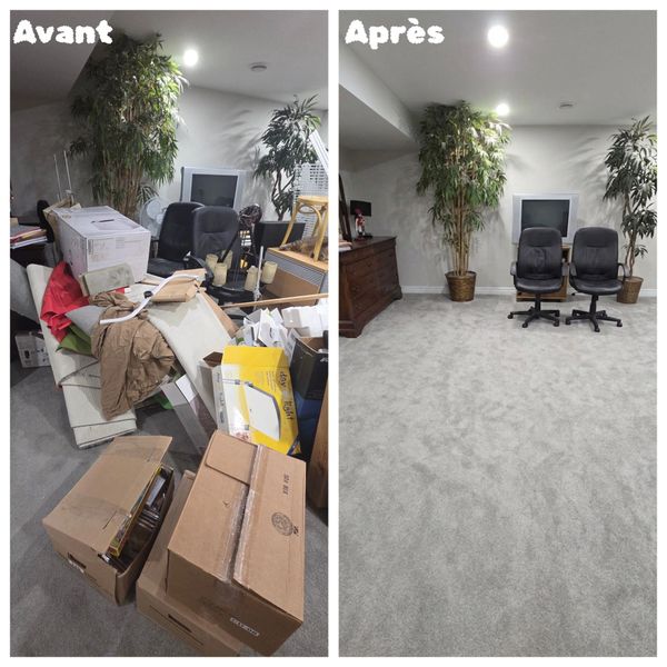 Room transformation from cluttered to clean and organized with two chairs.