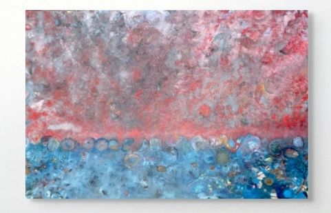 Abstract painting with red and blue hues blending together.