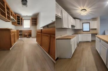 Side-by-side comparison of a kitchen before and after renovation with new white cabinets.
