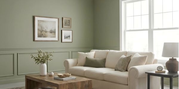 Cleanly painted sage green living room with pristine white crown molding, crisp wainscoting, and neu