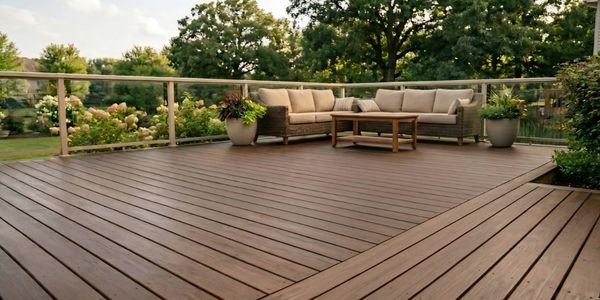 Professionally restored and stained multi-level wooden deck featuring a rich semi-transparent brown 