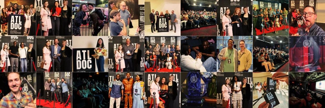 Collage of moments from the ATL DOC film festival showing guests, awards, and audience.