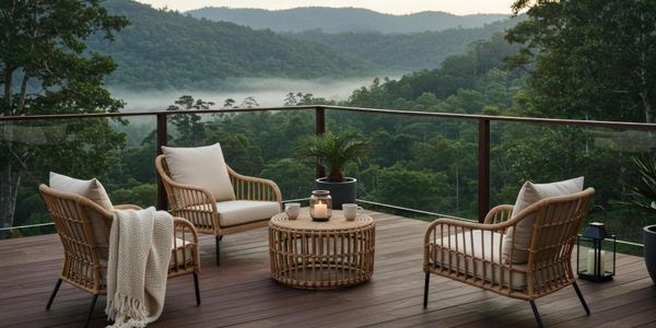 Cozy outdoor seating with a mountain view and misty forest.
