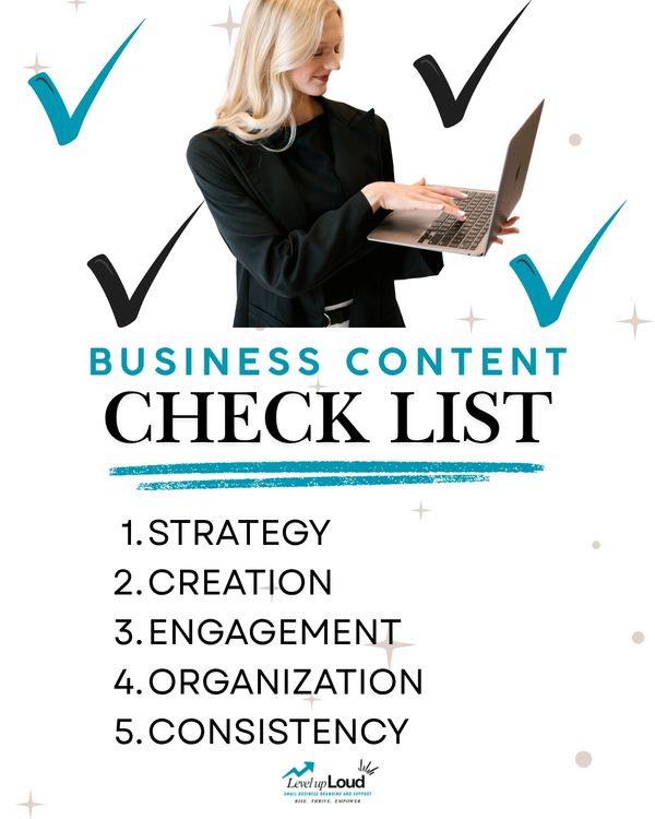 Business content checklist with five key points and a woman using a laptop.