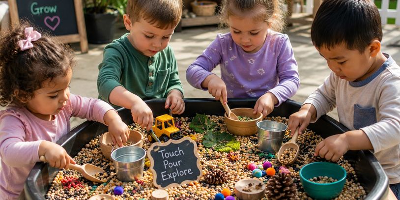 Children exploring sensory play with natural materials and toys.