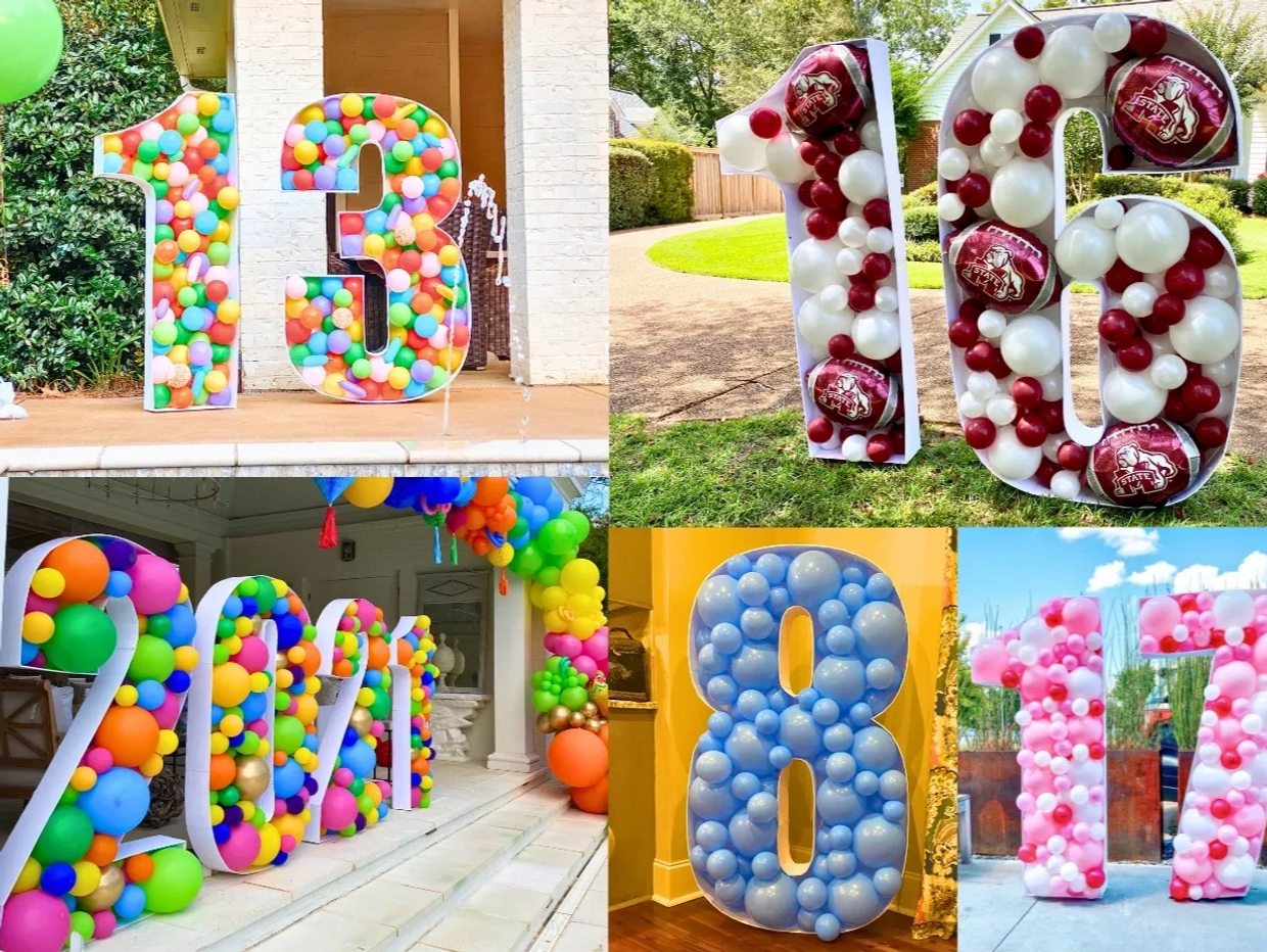 Large number sculptures filled with colorful balloons for celebrations.