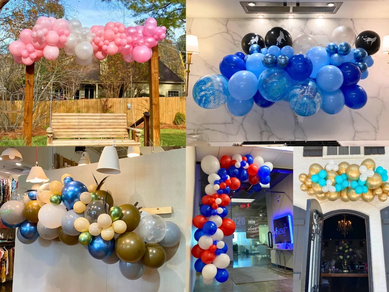 Colorful balloon garlands decorating indoor and outdoor spaces for various events.
