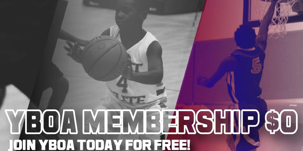 Youth basketball players in action promoting free YBOA membership.