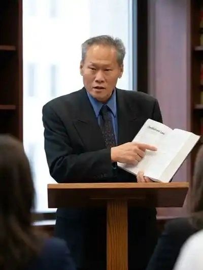 Man in suit reading from a book at a podium.