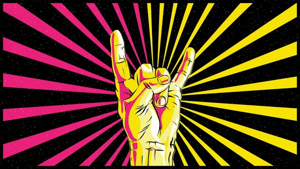 Pop art style hand making the rock and roll gesture with colorful rays background.