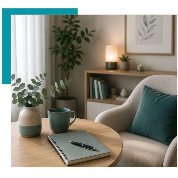 Cozy reading nook with a notebook, mug, and plant.