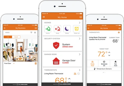 Alarm.com mobile app shown on smartphones with different offerings in app for ease of use