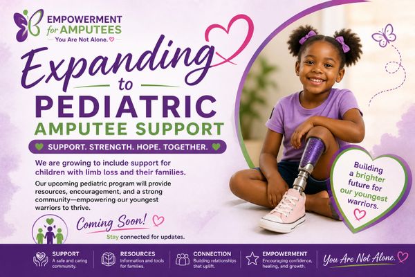 Smiling girl with prosthetic leg promotes pediatric amputee support program.