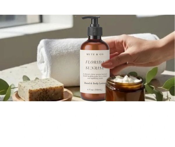 Hand and body lotion with soap and towel in a spa-like setting.