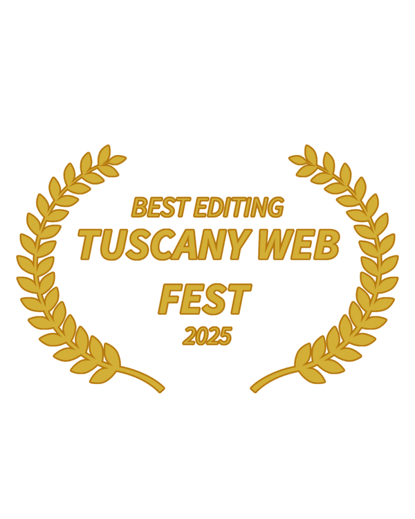 Golden laurel wreath with text "Best Editing Tuscany Web Fest 2025" award emblem.