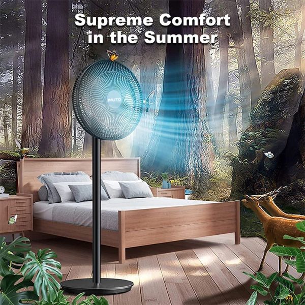 Electric fan providing cool comfort in a serene forest bedroom setting.