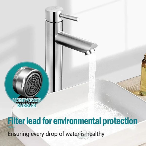 Modern stainless steel faucet with honeycomb bubbler for clean water.