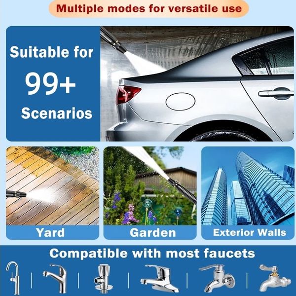 High-pressure water spray used for cleaning cars, yards, gardens, and exterior walls.