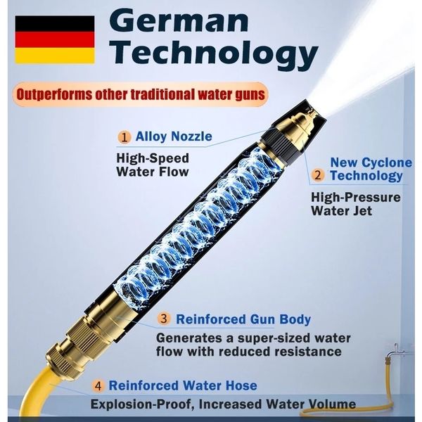German technology water gun with alloy nozzle and cyclone technology for high-pressure water flow.