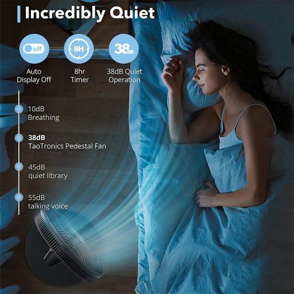 Woman sleeping peacefully with a quiet TaoTronics fan operating at 38dB.
