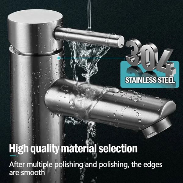 Sleek stainless steel faucet with water flowing, highlighting durability and smooth polish.