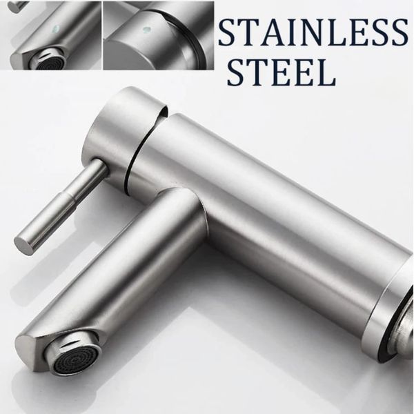 Modern stainless steel faucet with sleek design and lever handle.