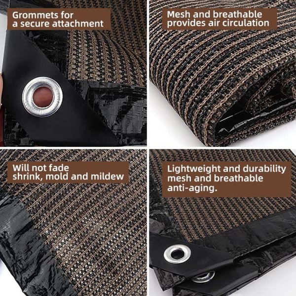 Durable mesh tarp with grommets, breathable and resistant to fading, mold, and mildew.