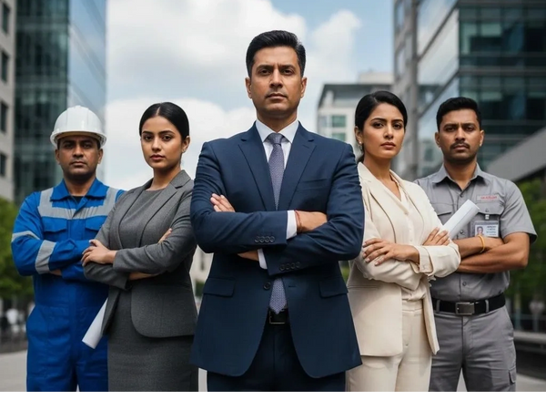 Diverse professional team standing confidently in an urban setting.