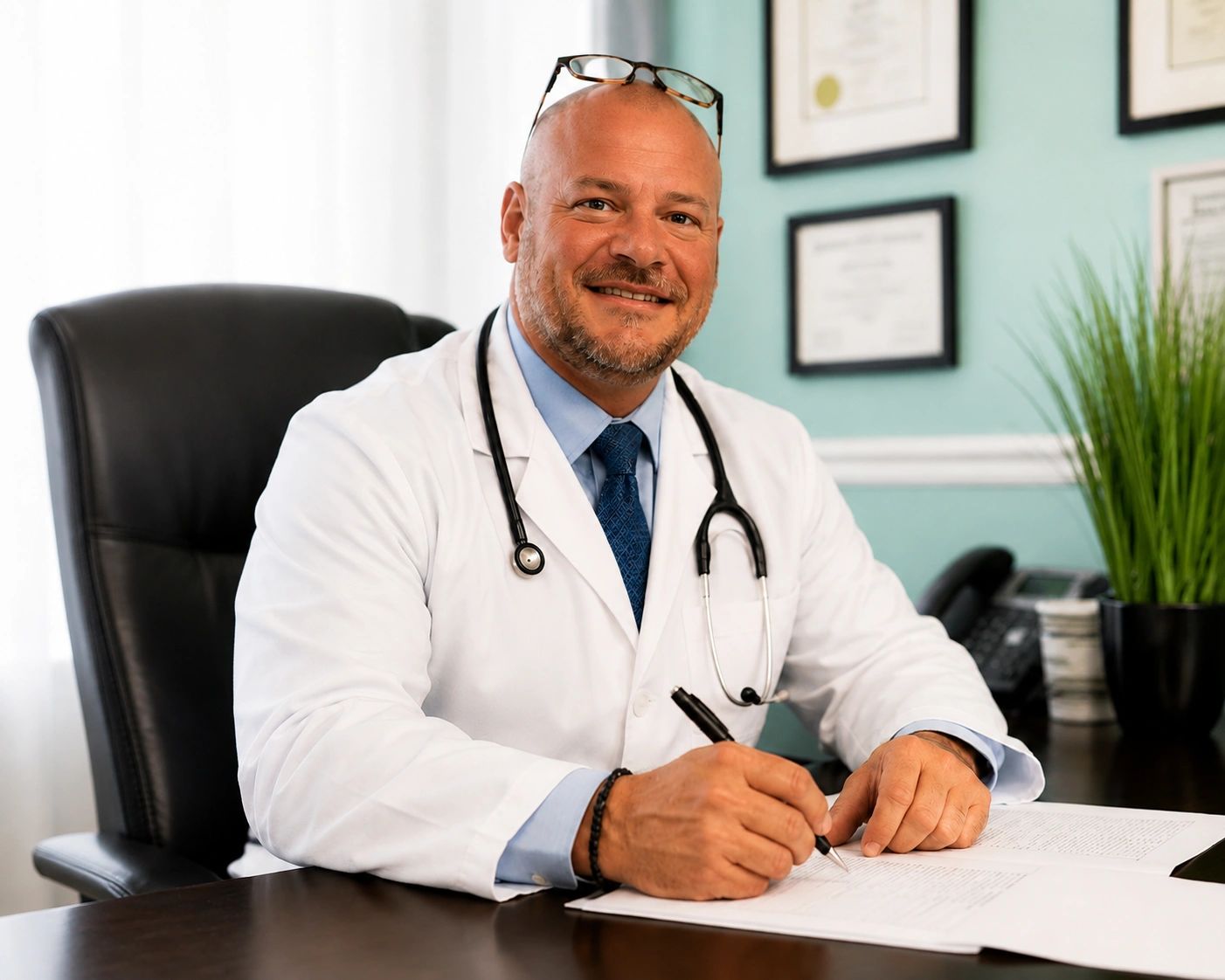 Smiling doctor writing notes at his desk.
