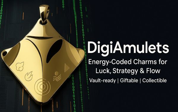 A gold rhombus-shaped amulet  with  ancient symbols on black surface, text reads:  Digiamulets