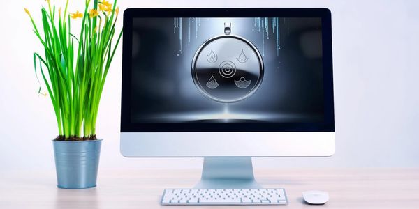 Plant and desktop on table, in front of whiten wall,  screen shows a metal Digiamulet screensaver