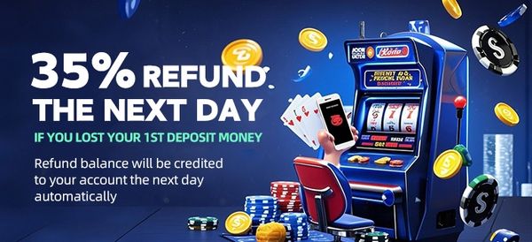Casino slot machine advertisement offering 35% refund next day on lost first deposit.