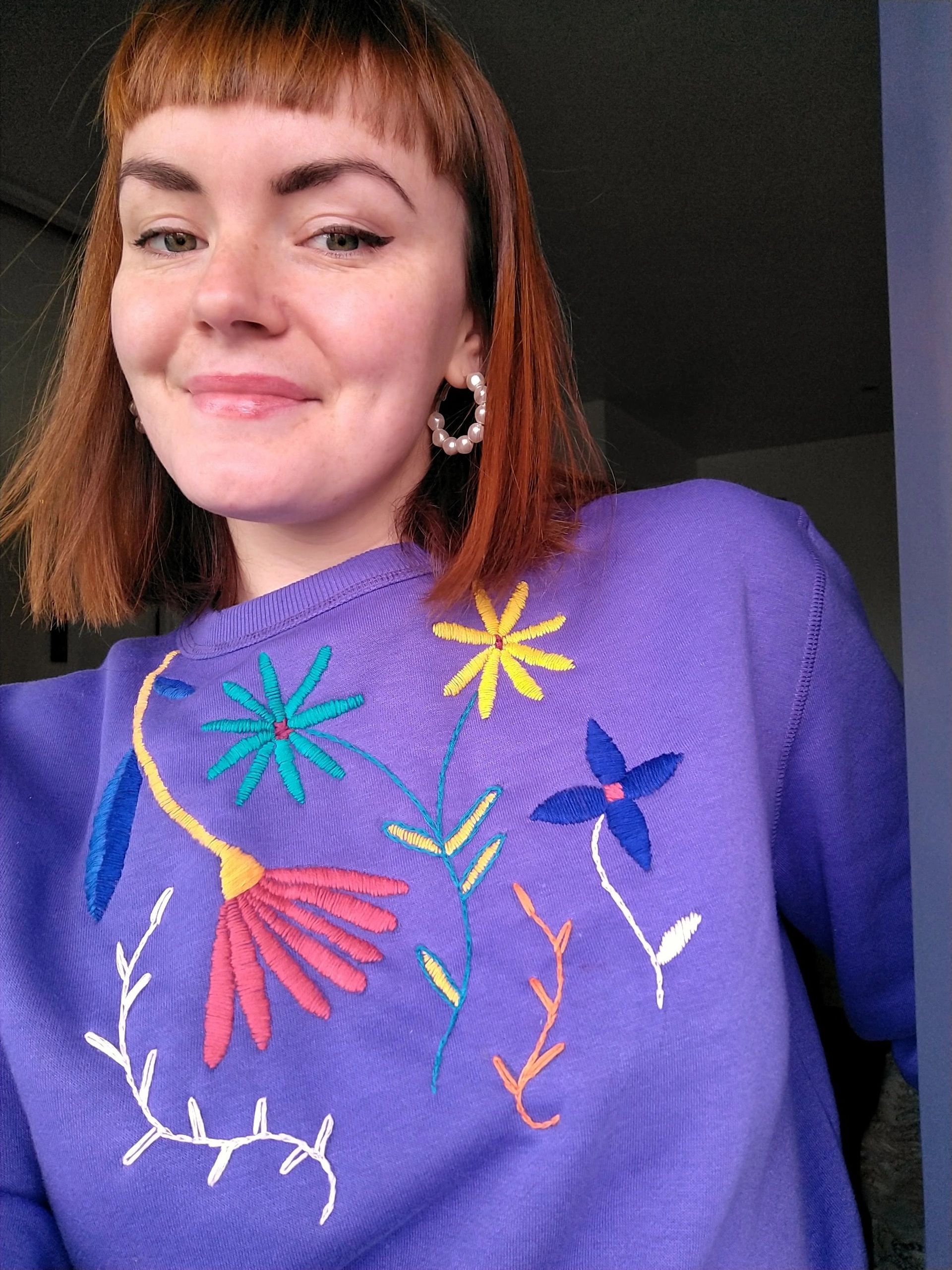 Hand embroidered boho floral purple sweatshirt