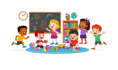 Happy children playing and learning in a colorful classroom.