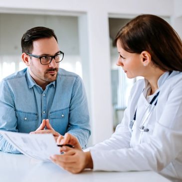 An image of a doctor with a patient in a bright, modern office.