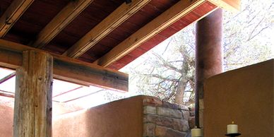 Summer room. Outdoor fireplace.  Picnic shelter.  Exposed beams. Post and beam.  Santa Fe.