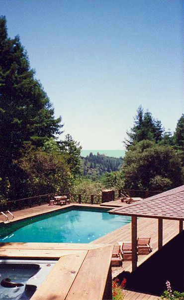 spa, hillside pool, redwood decks, pool porch, Occidental California, Pacific view