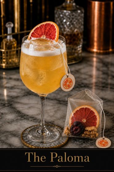 A refreshing Paloma cocktail garnished with a dried grapefruit slice and a unique tea bag on a marble surface.
