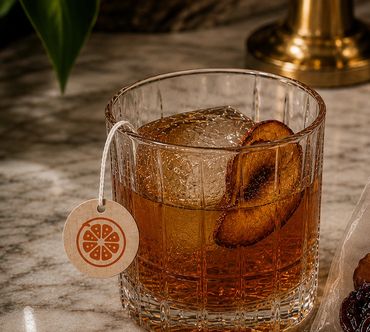 Peach Old Fashioned cocktail with dried peach garnish and tea bag on marble surface.