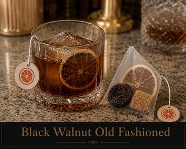 A Black Walnut Old Fashioned cocktail with a dried citrus slice and a tea bag on the side.