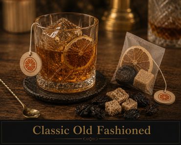 Classic Old Fashioned cocktail with dried citrus and sugar cubes.