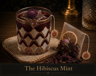 A glass of Hibiscus Mint tea with a tea bag and dried hibiscus flower.