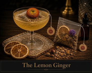 Elegant Lemon Ginger tea with dried citrus and herbal blend in a vintage glass.