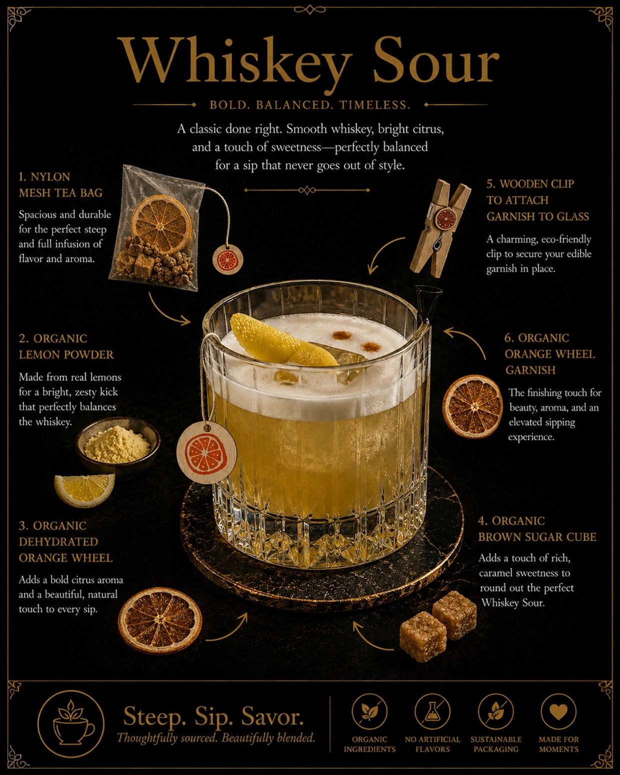 Whiskey Sour cocktail with organic ingredients and elegant garnishes.