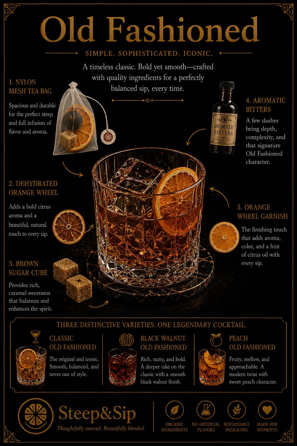 Ingredients and varieties of the Old Fashioned cocktail with detailed descriptions.
