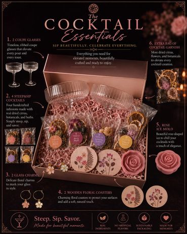 Elegant cocktail essentials kit with glasses, infusions, and garnishes for perfect drinks.