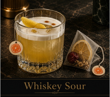 A whiskey sour cocktail with a lemon twist and garnish on a dark marble surface.