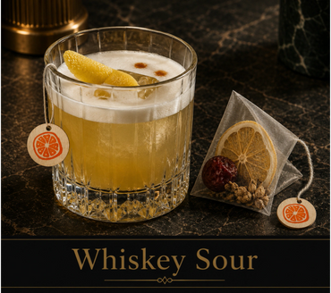 A whiskey sour cocktail with a lemon twist and garnish on a dark marble surface.