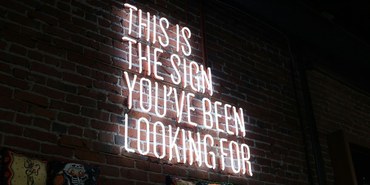 Neon sign: 'THIS IS THE SIGN YOU'VE BEEN LOOKING FOR